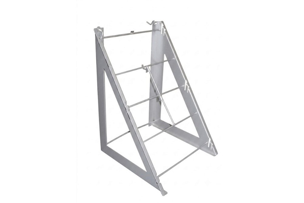 Freestanding metal frame with angled side supports and cross rails