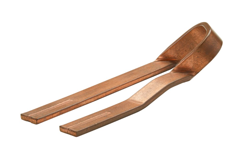 Copper-coloured metal part with two long parallel legs